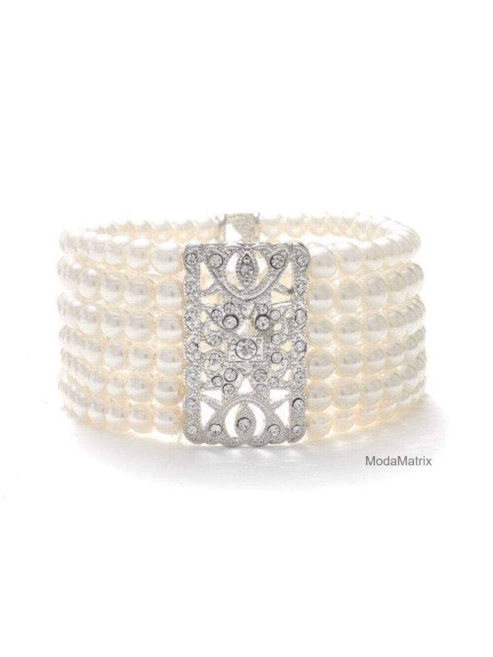 Ivory Pearl Crystal Stretch Cuff Bracelet Vintage Bridal 6-7 inch